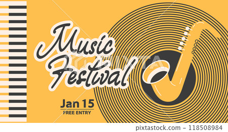 Jazz poster background template for music festival. Saxophone, piano keys and lettering, event flyer design. Vintage retro style illustration 118508984
