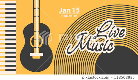 Jazz poster background template for music festival. Classical guitar, piano keys and lettering, event flyer design. Vintage retro style illustration Jazz poster background template for music festival. Classical guitar, piano keys and lettering, event flyer design. Vintage retro style illustration 118508985