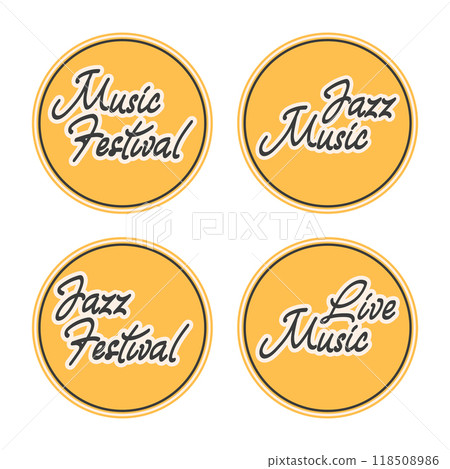 Collection of music signs with calligraphic letterings for jazz live music posters. Set of hand drawn music inscriptions. Illustration 118508986