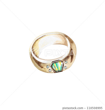 Golden ring with natural mother-of-pearl insert in watercolor. Isolated illustration of jewelry for design of catalogs, advertising campaigns, fashion magazines, social networks, presentations 118508995