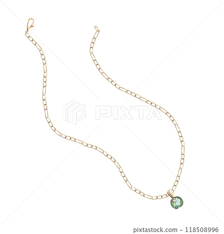 Bent chain with pendant with green stone in watercolor. Isolated illustration of jewelry for design of catalogs, advertising campaigns, fashion magazines, social networks, presentations 118508996