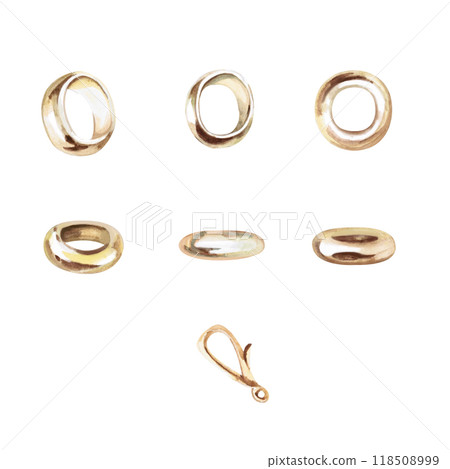 Set of rings and chain lock in watercolor. Isolated illustration of details for design of catalogs, advertising campaigns, fashion magazines, social networks, presentations, jewelry design courses 118508999