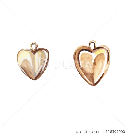 Two heart-shaped pendants in watercolor. Isolated illustration of pendants for design of catalogs, advertising campaigns, fashion magazines, social networks, presentations, jewelry design courses 118509000
