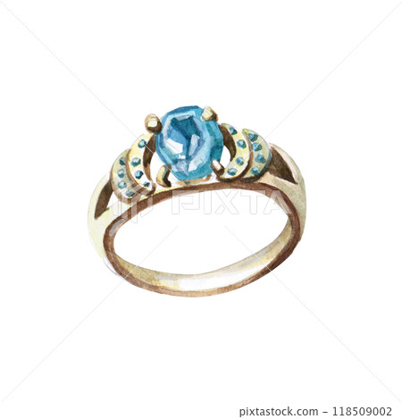 Golden ring with blue topaz in realistic watercolor style. Isolated jewelry illustration for website design, fashion magazines, presentations, jewelry design courses. 118509002