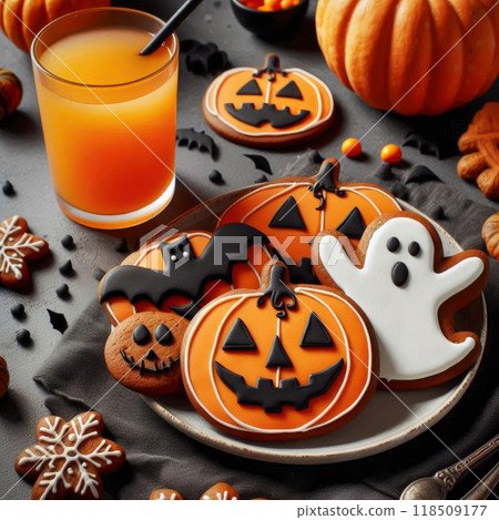 Halloween cookies in the shape of a pumpkin, ghosts on a black plate, festive decoration Halloween cookies in the shape of a pumpkin, ghosts on a black plate, festive decoration 118509177