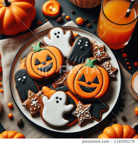 Halloween cookies in the shape of a pumpkin, ghosts on a black plate, festive decoration 118509179