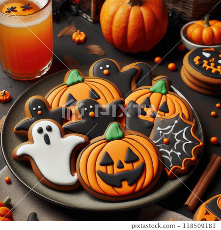 Halloween cookies in the shape of a pumpkin, ghosts on a black plate, festive decoration 118509181