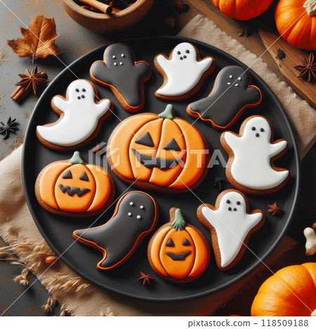 Halloween cookies in the shape of a pumpkin, ghosts on a black plate, festive decoration Halloween cookies in the shape of a pumpkin, ghosts on a black plate, festive decoration 118509188