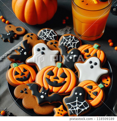 Halloween cookies in the shape of a pumpkin, ghosts on a black plate, festive decoration 118509189