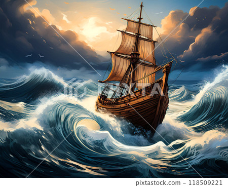 A sailing ship on rough seas 118509221
