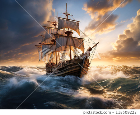 A sailing ship on rough seas 118509222