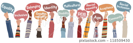 Isolated raised hands of people from diverse cultures holding speech bubbles with words expressing the concept of DEIB - diversity - equality - inclusion - belonging Isolated raised hands of people from diverse cultures holding speech bubbles with words expressing the concept of DEIB - diversity - equality - inclusion - belonging 118509430