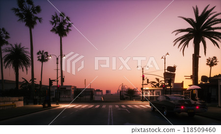 Purple sunset with palm trees. Evening beach in California. Palms and dusk sky. Palms silhouette on twilight sky, California. Santa Monica Pier Purple sunset with palm trees. Evening beach in California. Palms and dusk sky. Palms silhouette on twilight sky, California. Santa Monica Pier 118509460