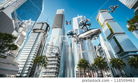 Flying taxi of the future. Drone taxi flying in the city. Future transportation technology Flying taxi of the future. Drone taxi flying in the city. Future transportation technology 118509463