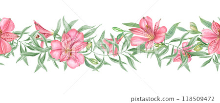 Pink flowers with green eucalyptus leaves watercolor horizontal seamless banner. Alstroemeria with greenery painted floral illustration for textile, wedding decor, design 118509472