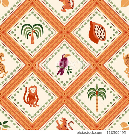 Checkered tropical pattern, summer beach seamless print. Vector jungle palm tree, monkey, leopard, tiger. 118509495