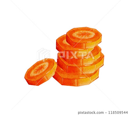 Round pieces of carrot, sliced into a circle, rondelle 118509544