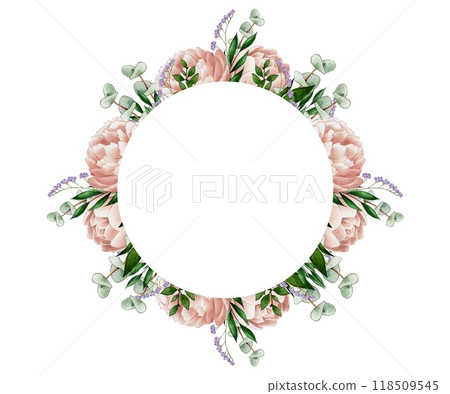 Round frame, wreath border of pink, beige peonies and buds with green leaves Round frame, wreath border of pink, beige peonies and buds with green leaves 118509545