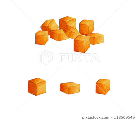 Dicing carrots, brundise, dice, watercolor illustration Dicing carrots, brundise, dice, watercolor illustration 118509549
