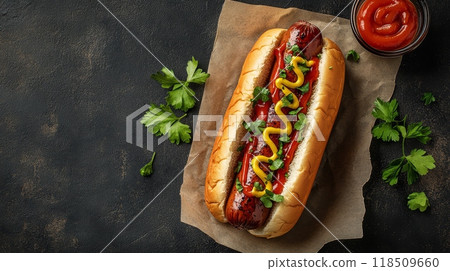 Top down view of a classic hot dog with mustard 118509660