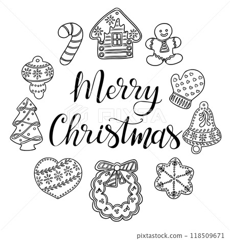 Christmas doodle gingerbreads set with text Christmas doodle gingerbreads set with text 118509671