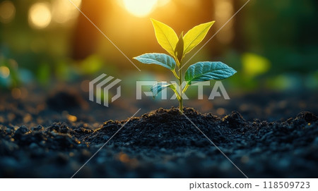 Small tree, tree sprout in the ground growing in the sunlight in the garden. eco concept 118509723