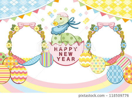 蛇年插畫新年賀卡設計「蛋蛇寶寶相框」新年快樂 118509776