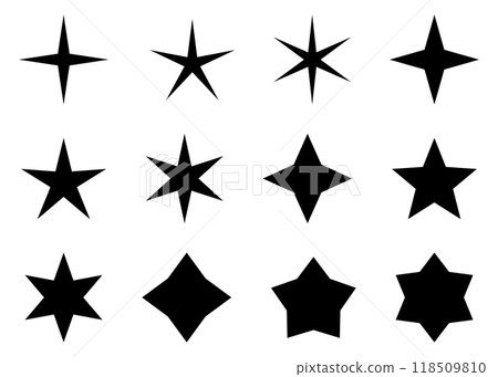 A set of black stars with different shapes and sizes. Vector illustration 118509810