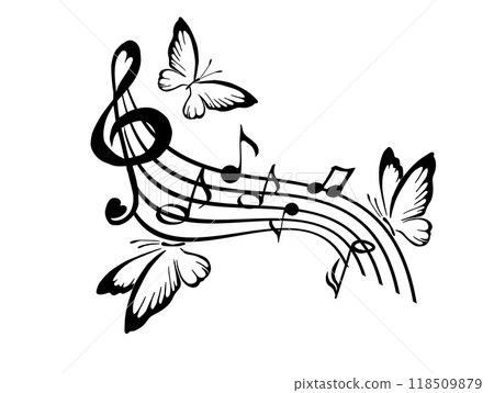 Music notes on wavy lines with butterflies, musical pattern, hand drawing. Not AI. Vector illustration. Music notes on wavy lines with butterflies, musical pattern, hand drawing. Not AI. Vector illustration. 118509879