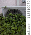 Close-up of an air conditioner's outdoor unit covered in grass 118510070