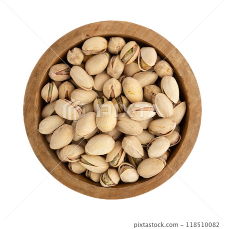 wooden bowl of pistachio isolated on white 118510082