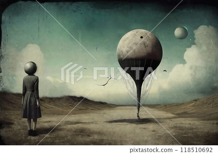 Surreal landscape in gloomy colors and grunge paper texture. 118510692