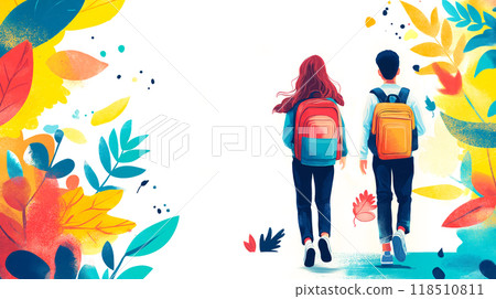 Vibrant illustration of two students, boy and girl, walking away, each carrying backpacks, symbolizing theme of returning to school. Surrounding colorful leaves and shapes of red, yellow, orange, blue 118510811