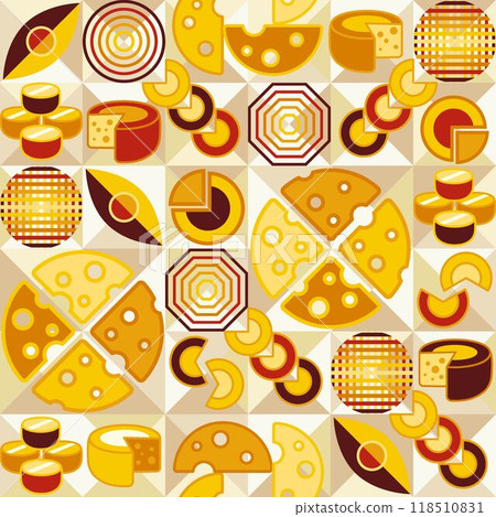 Seamless pattern with icons of Cheese slices, abstract shapes in flat simple geometric style. White mosaic background. For branding, decoration of food package, textile kitchen prints 118510831