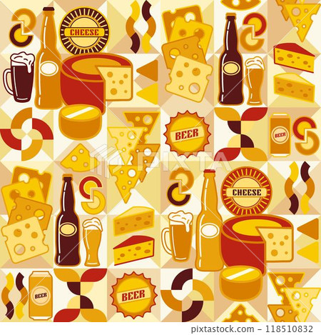 Seamless pattern with icons of Cheese, beer, abstract shapes in flat simple geometric style. White background. For branding, decoration of food package, textile kitchen prints 118510832