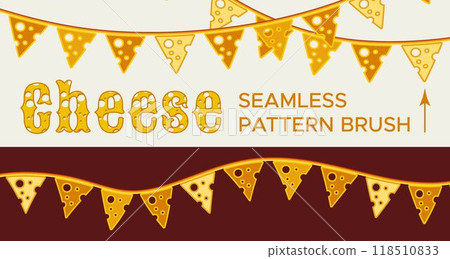 Pattern brush with triangular slices of cheese like festive garland with flags. Design element for Cheese festival, fest, event. Flat simple style 118510833
