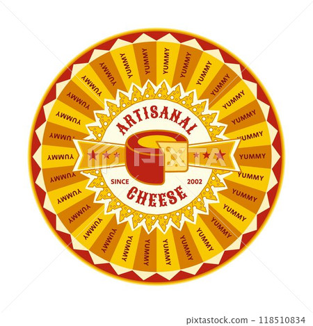 Circular cheese label template divided into sectors. Place your brand text instead Yummy. For food packaging and branding. Circular cheese label template divided into sectors. Place your brand text instead Yummy. For food packaging and branding. 118510834
