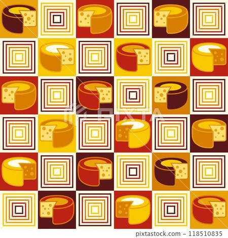 Seamless geometric checkered pattern with icons of Cheese, square outline shapes in flat simple geometric style. Classic checkered square grid. For branding, food packaging, textile kitchen prints Seamless geometric checkered pattern with icons of Cheese, square outline shapes in flat simple geometric style. Classic checkered square grid. For branding, food packaging, textile kitchen prints 118510835