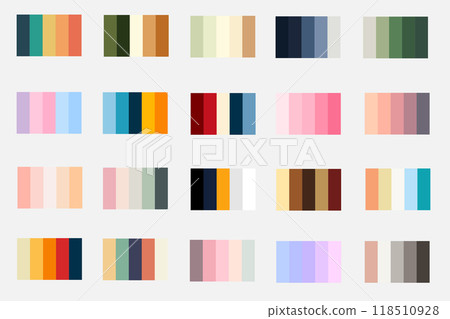 20x5 Color Palettes 1 with Hex Codes Vector, Discover 20 Sets of Vibrant Vector Color Palettes - 5 Unique Colors Each for Stylish Designs: Light, Dark, Vintage, Retro Inspirations, New 118510928