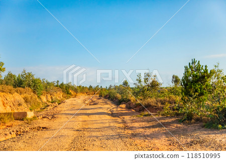 Red dust and mud road in poor condition with large holes Red dust and mud road in poor condition with large holes 118510995