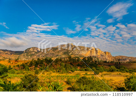 view of hills and mountains along main Madagascar road view of hills and mountains along main Madagascar road 118510997