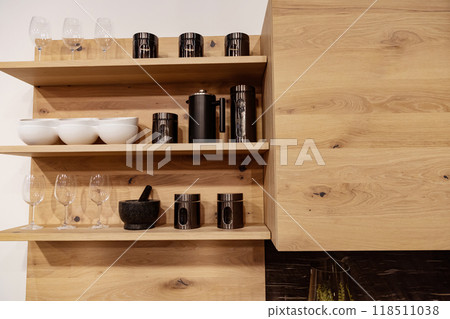 Minimalistic modern wooden panel kitchen interior Minimalistic modern wooden panel kitchen interior 118511038