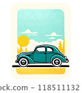 Glossy green retro car on blue sky background, vintage sticker isolated on white 118511132