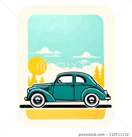 Glossy green retro car on blue sky background, vintage sticker isolated on white Glossy green retro car on blue sky background, vintage sticker isolated on white 118511132
