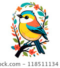Cute little bird on the branch with bright flowers, cartoon character on white 118511134