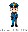 Cute little hero policeman in blue uniform and red hair, cartoon character isolated on white 118511137