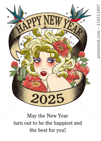 2025 New Year's card template "Old School Tattoo" Happy New Year English inscription pattern 2025 New Year's card template "Old School Tattoo" Happy New Year English inscription pattern 118511407