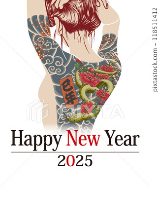2025年新年賀卡模板「紋身女孩」新年快樂圖案,帶有手寫空間 2025年新年賀卡模板「紋身女孩」新年快樂圖案,帶有手寫空間 118511412
