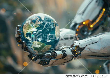 robot humans delicately holding a pristine blue planet in their hands 118511483