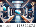 Illustration of a space station corridor with a view of outer space 118511878